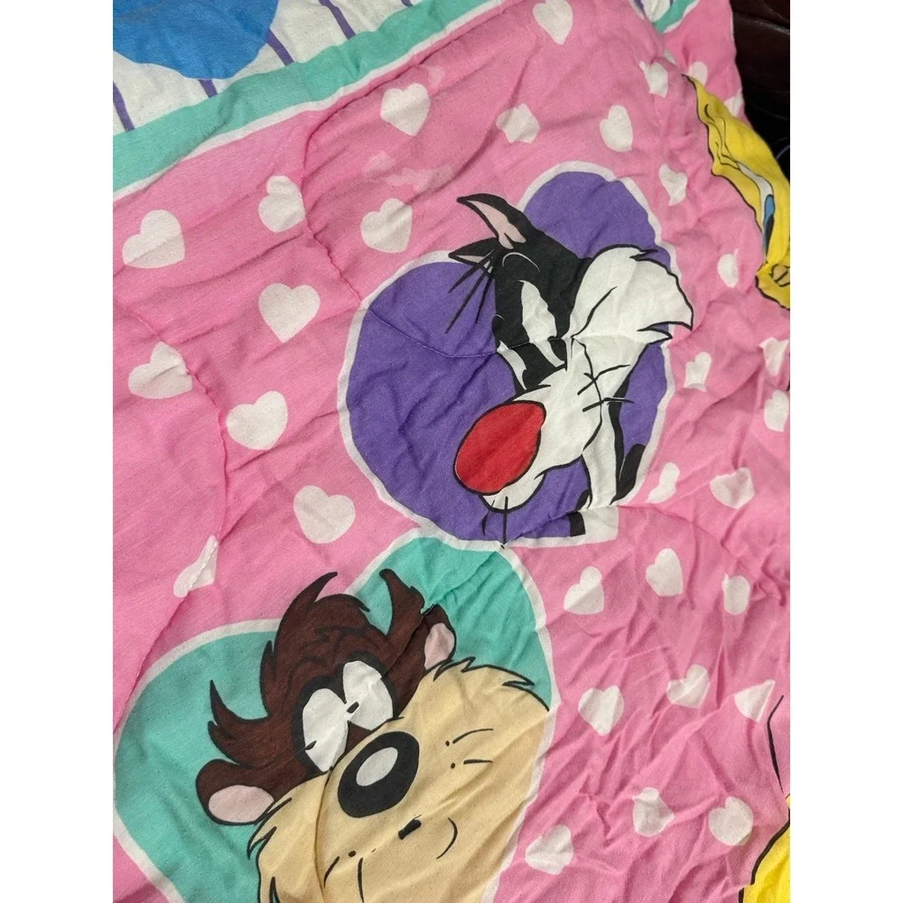 Vintage 1994 Twin Looney Tunes Bed Comforter Pink Warner Bros Tweety Taz Bugs